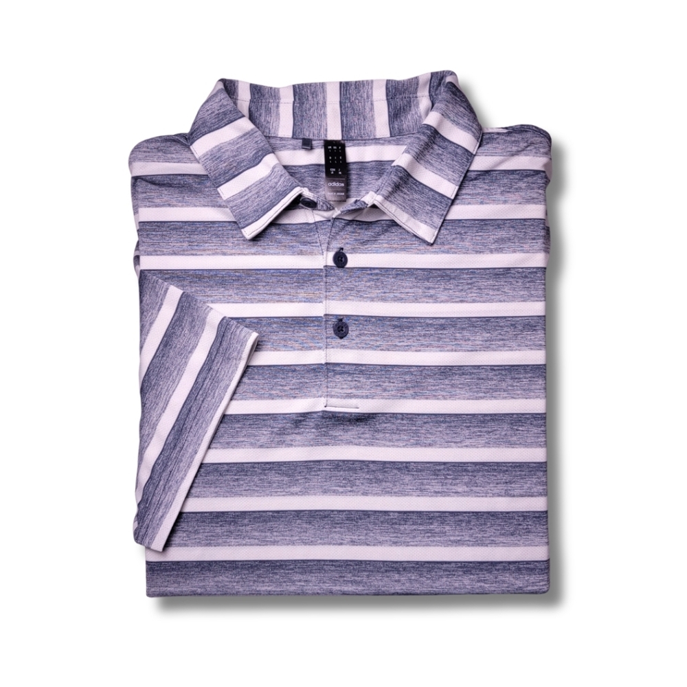 Adidas Collegiate Navy & White Striped Performance Golf Polo Shirt L